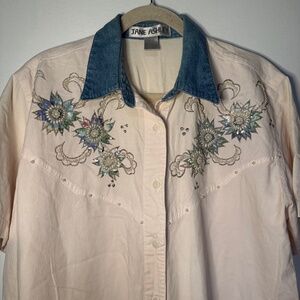 Vintage 80s Blush Pink Denim Collar Button Up Shirt Blouse Beaded Embellished